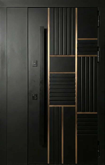 Входная металлическая дверь чёрная с рифлёной панелью и бронзой №73