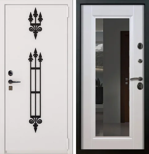 Входная железная дверь с ковкой и зеркалом максимум белый №16