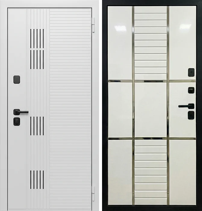 Железная белая дверь с хромированными вставками и МДФ №189