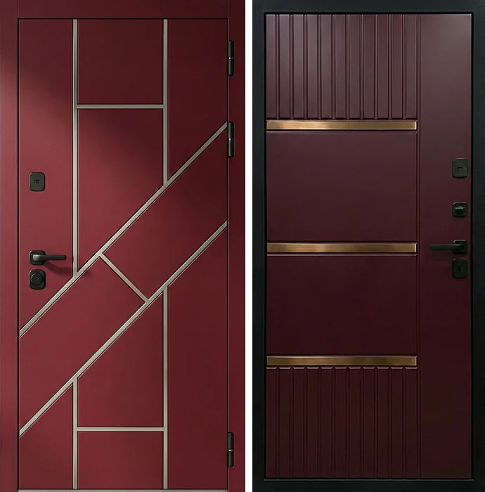 Стальная бордовая дверь с латунными акцентами для квартиры №303
