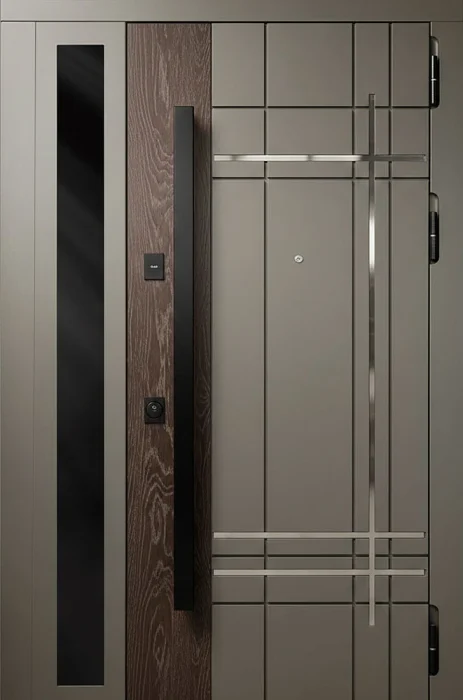 Железная дверь грейж с хром-линиями стеклом и вставкой венге №63