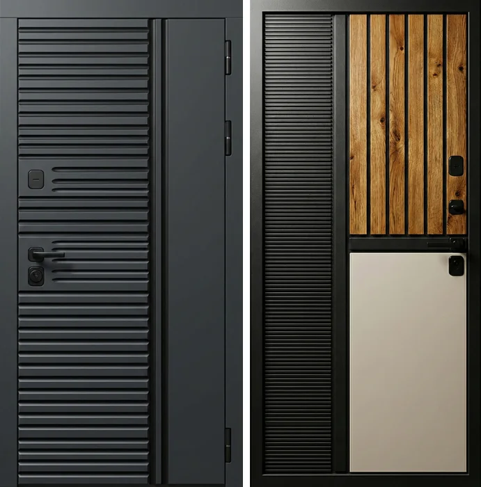 Входная дверь для квартиры с рейками и светлой вставкой №350