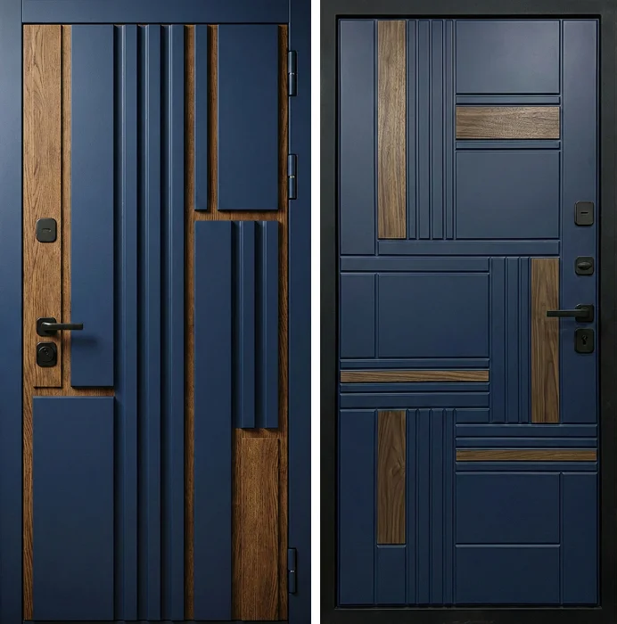 Металлическая дверь синяя с древесными вставками модерн №270