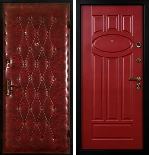 Красная нестандартная металлическая дверь на заказ на дачу №8