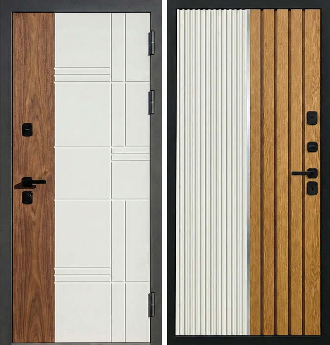 Входная дверь белая с деревянными вставками для квартиры №228