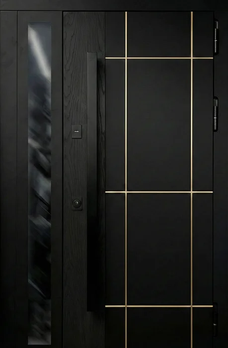 Железная чёрная дверь с золотыми линиями и узким стеклом №138
