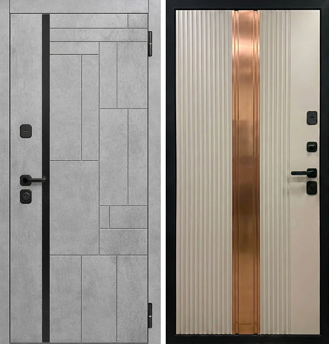 Стальная дверь бетон светлый и МДФ с бронзовой вставкой №166