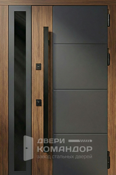 Металлическая дверь графит с деревом и стеклянной вставкой для загородного дома №102