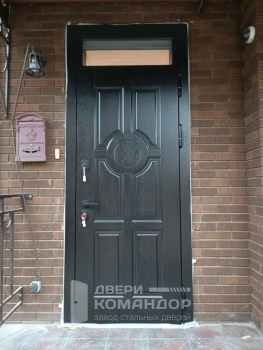 Входная металлическая дверь терморазрыв  шпон / эмаль/шпон с двухцветной окраской металла, магнитными уплотнителями, с фрамугой со стеклопакетом, на заказ